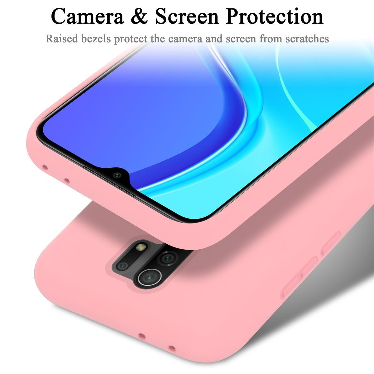 Custodia per telefono rosa con protezione schermo, fotocamera e schermo visibili, su sfondo bianco con testo.