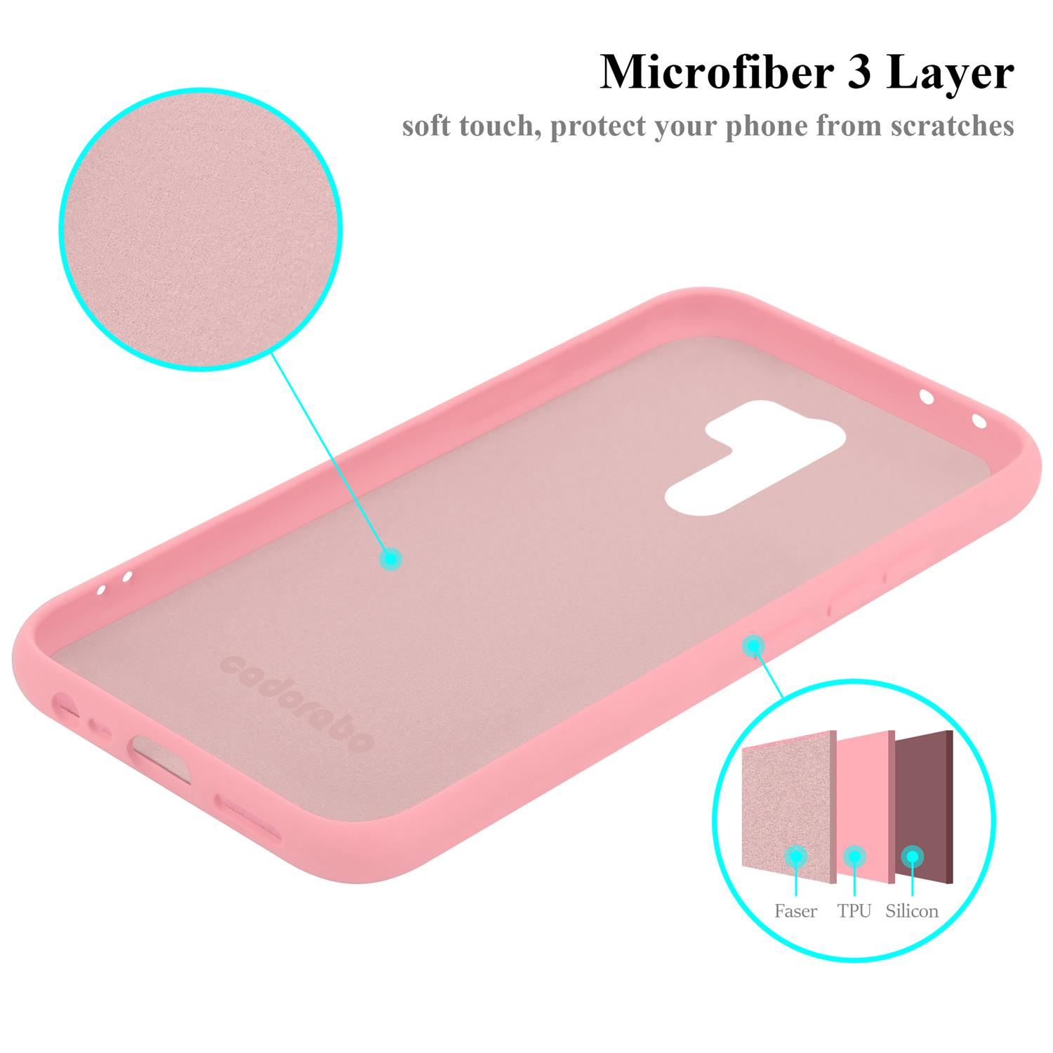 Custodia rosa per telefono con diagrammi che mostrano strati in microfibra. Testo: Microfibra 3 strati e soft touch.
