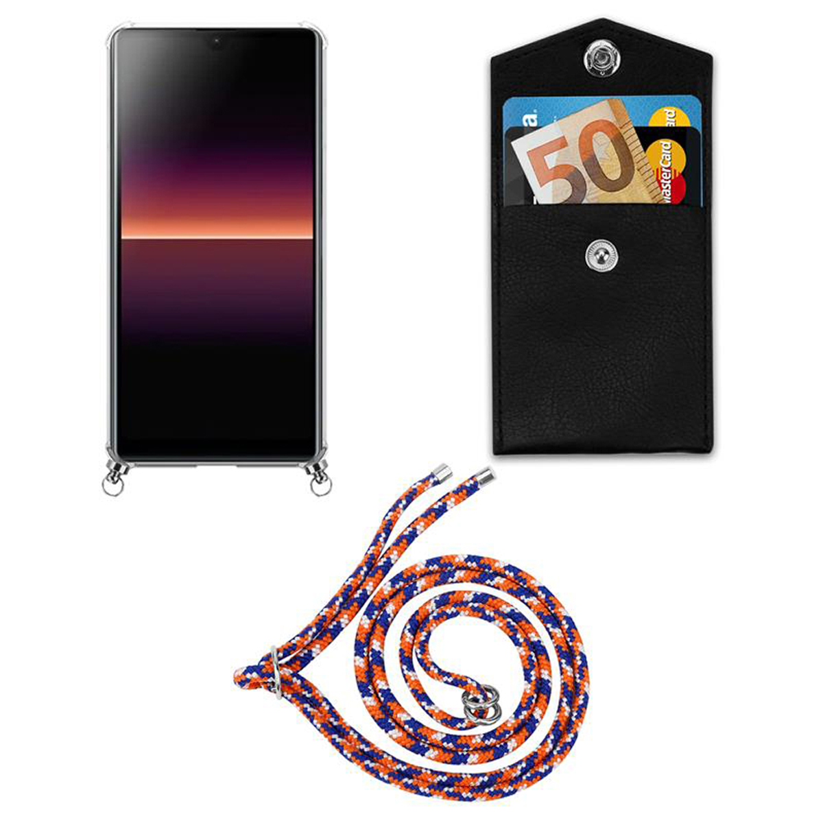 CADORABO Handy Kette Backcover, Xperia BLAU ORANGE mit und WEIß Kordel L4, Ringen, Hülle, Silber Sony, Band abnehmbarer