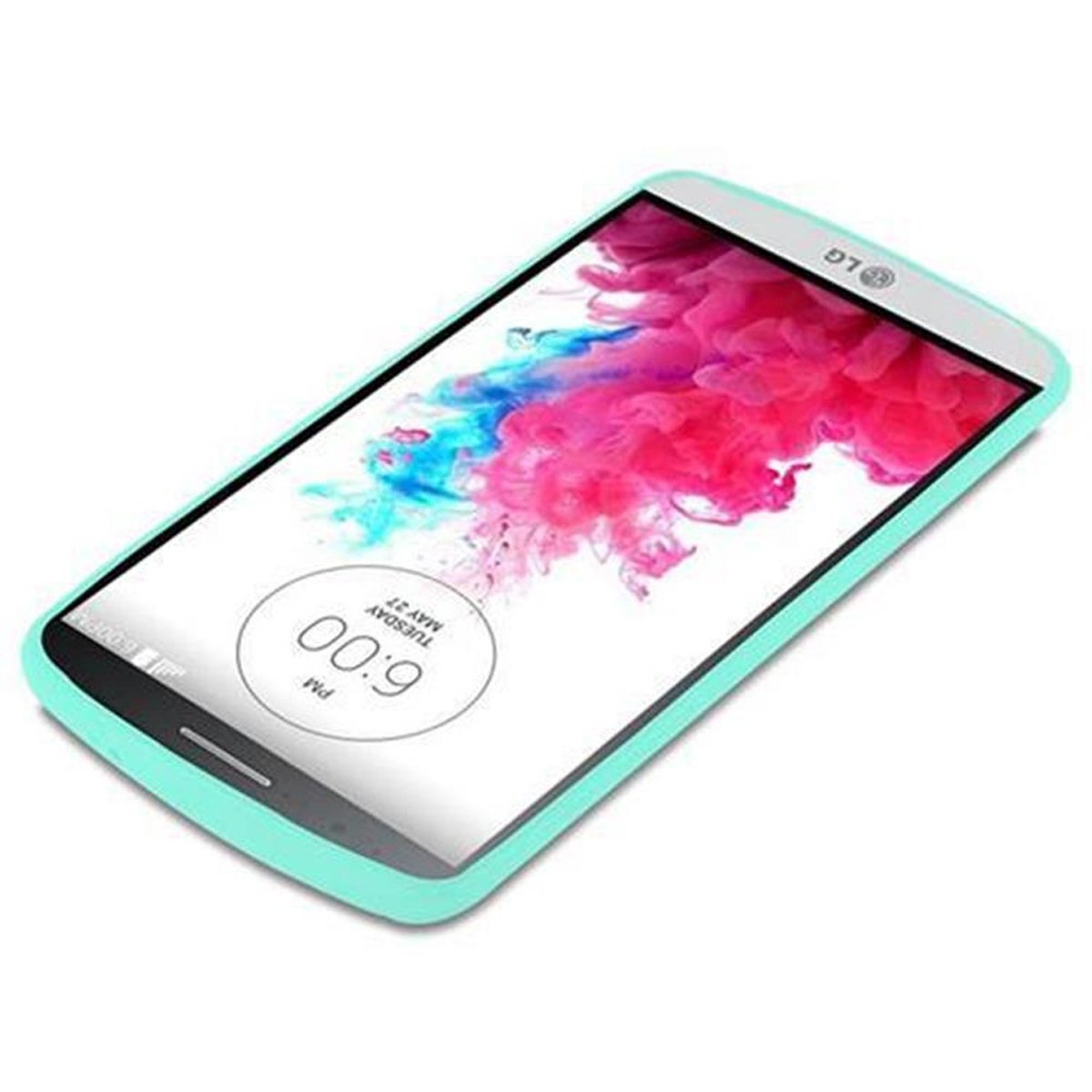Ein Telefon mit türkisfarbenem Gehäuse, das Zeit und Datum auf dem Bildschirm anzeigt.