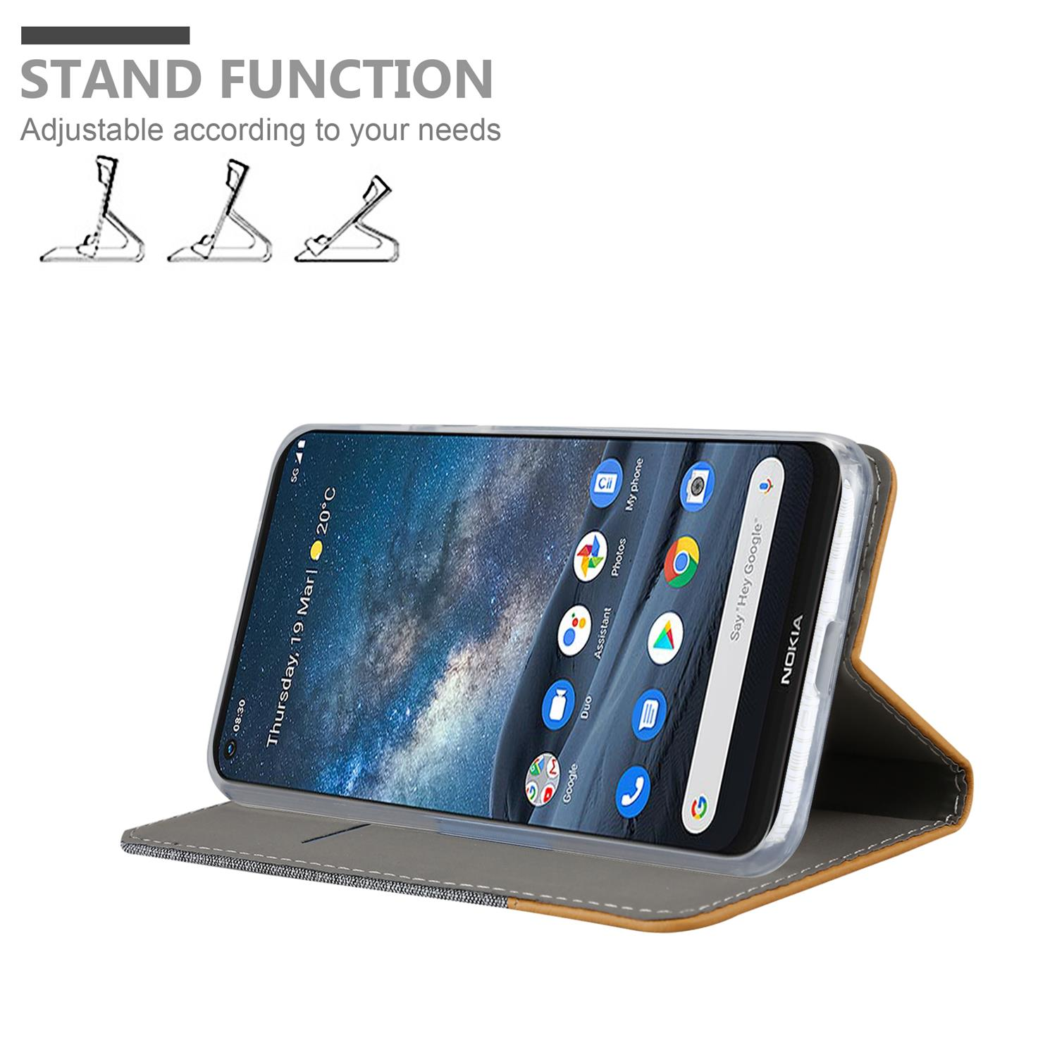 Custodia per telefono con funzione stand. Il telefono mostra uno schermo con icone di app. Grigio e marrone.