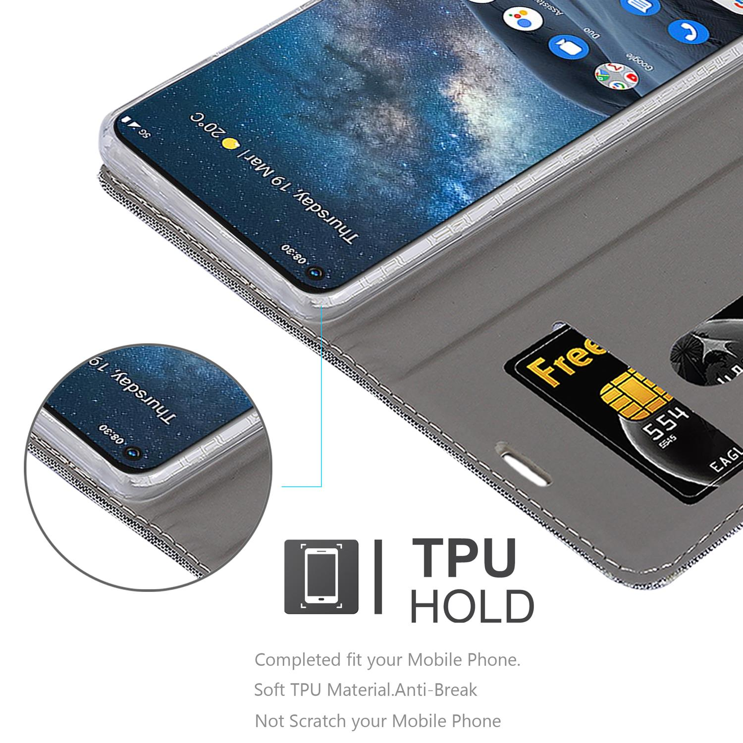 Telefono in custodia a portafoglio, che mostra lo schermo, lo slot per la carta di credito e una carta con numeri.