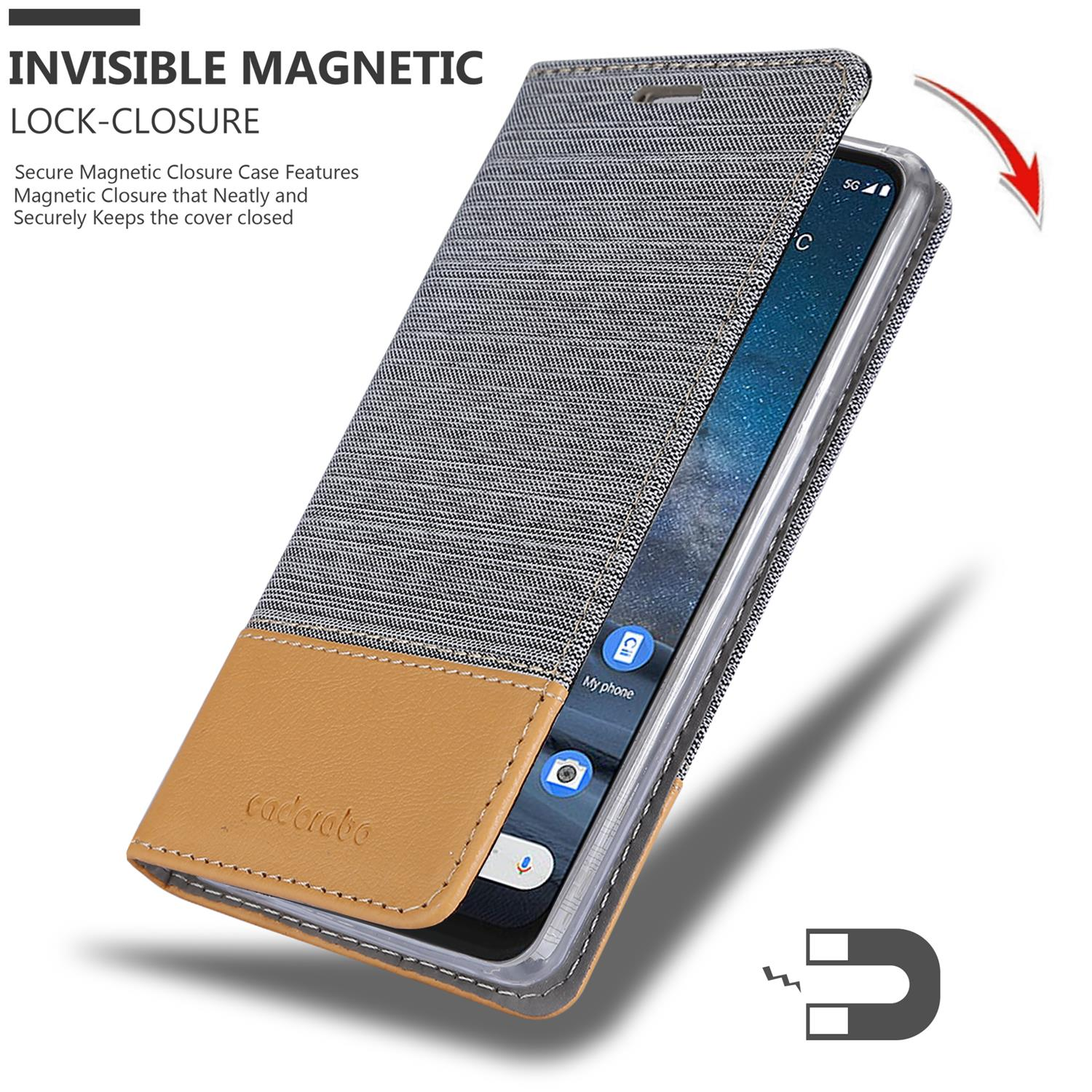 Una custodia per telefono con una copertura grigia simile a tessuto e un fondo in pelle marrone. È aperta, con un telefono all'interno.