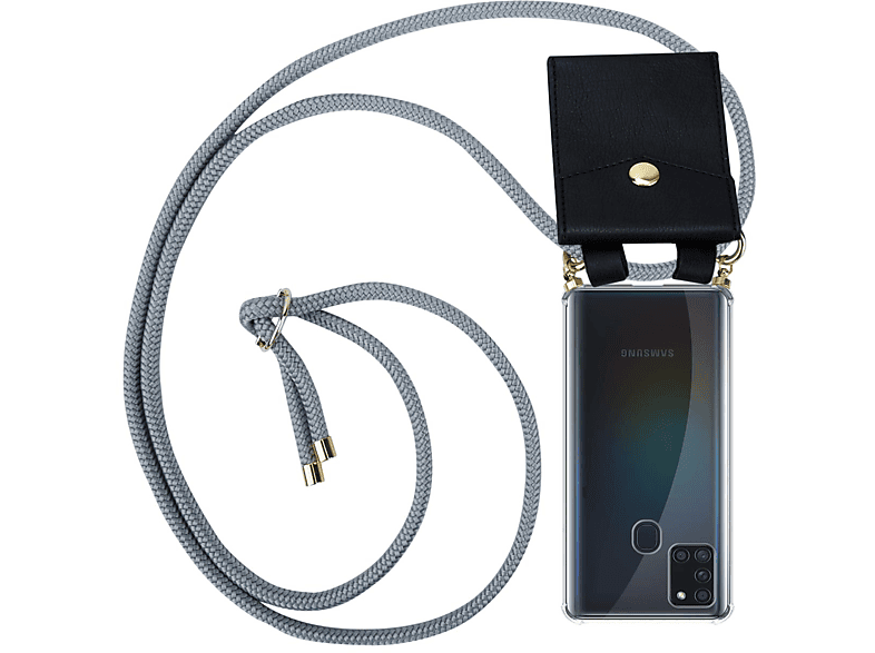 CADORABO Handy Kette mit Gold Ringen, Kordel Band und abnehmbarer Hülle, Backcover, Samsung, Galaxy A21s, SILBER GRAU