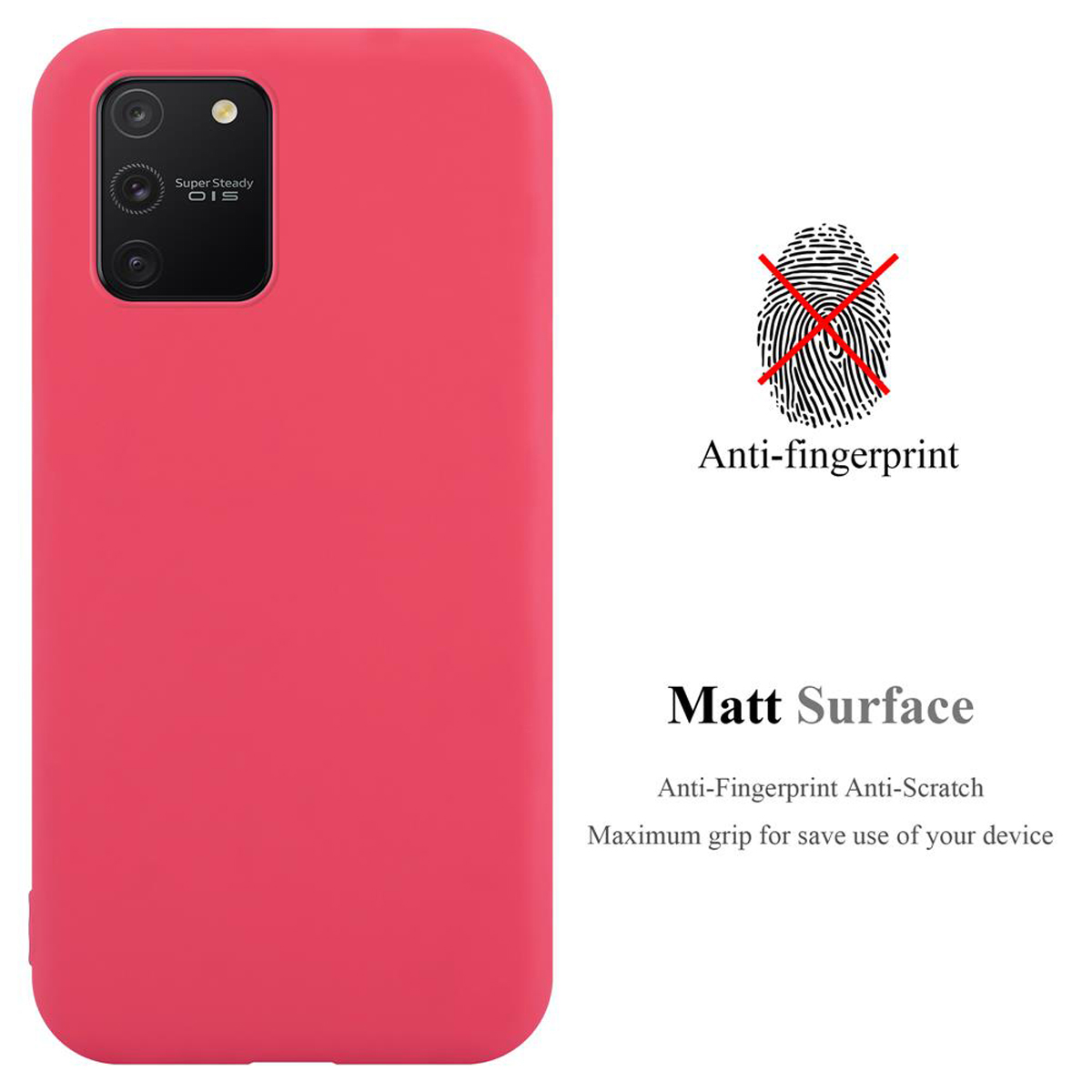 Custodia per telefono rossa con funzione anti-impronta e superficie opaca.