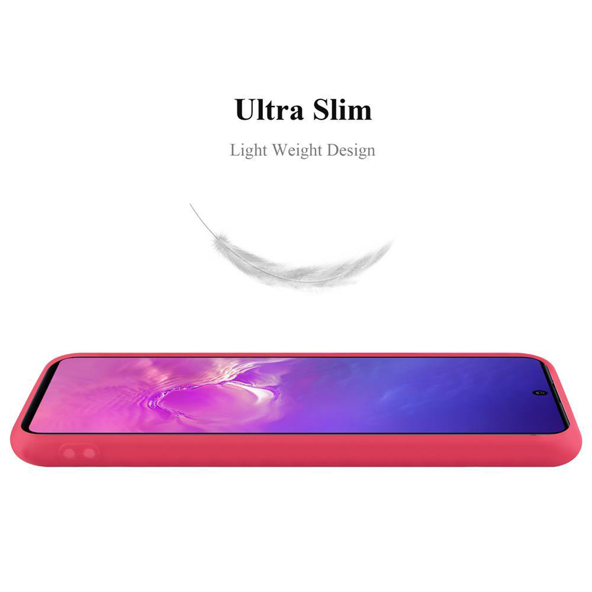 Una custodia per telefono rossa con le parole 'Ultra Slim' sopra e una piuma bianca.