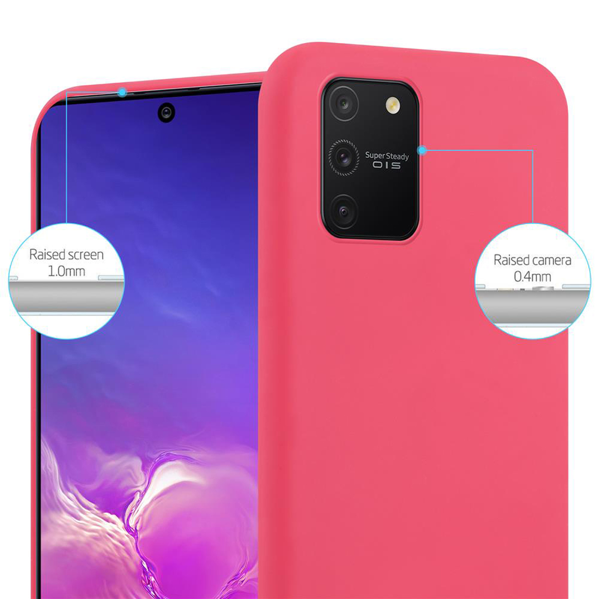 Custodia per telefono rosa, schermo rialzato e dettagli della fotocamera e testo.