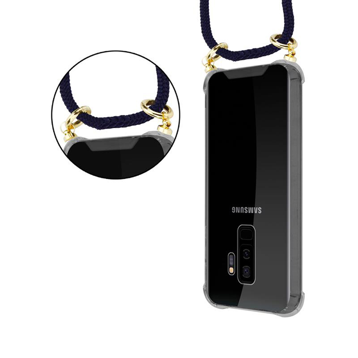 Telefono in una custodia trasparente con cinturino in corda blu scuro con dettagli dorati. Testo: Samsung.