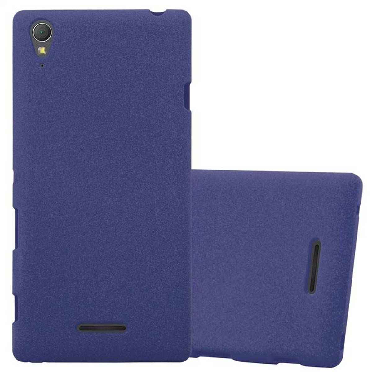 Funda azul para teléfono con teléfono dentro. La cubierta trasera también es azul.