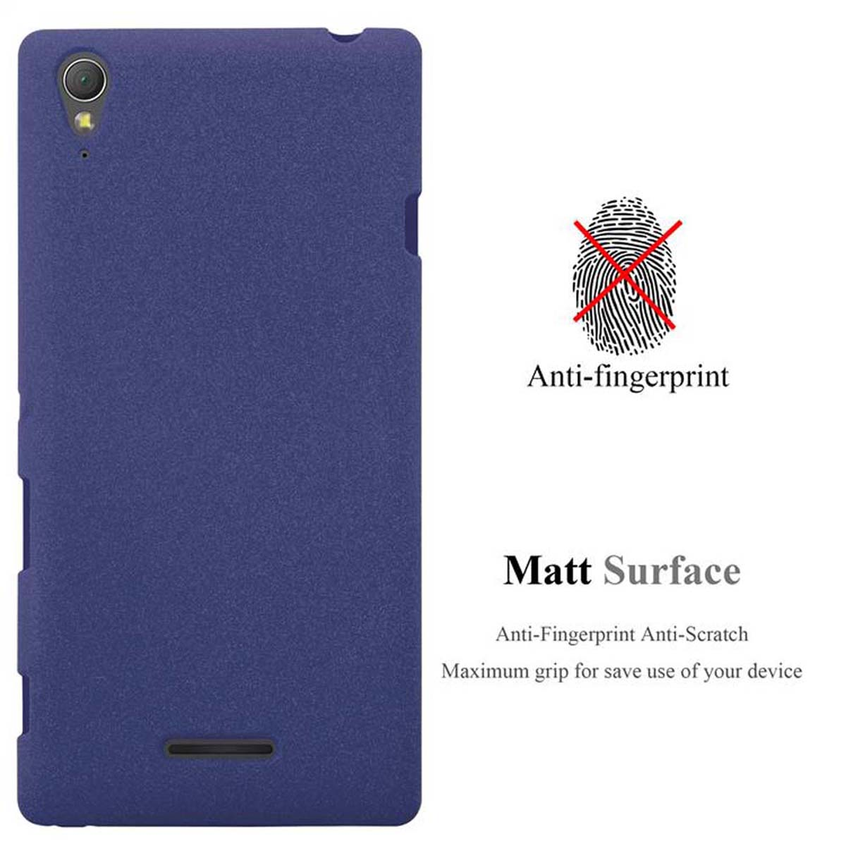 Funda azul para teléfono. Texto: Anti-huellas. Texto: Superficie mate. Imagen del dispositivo.
