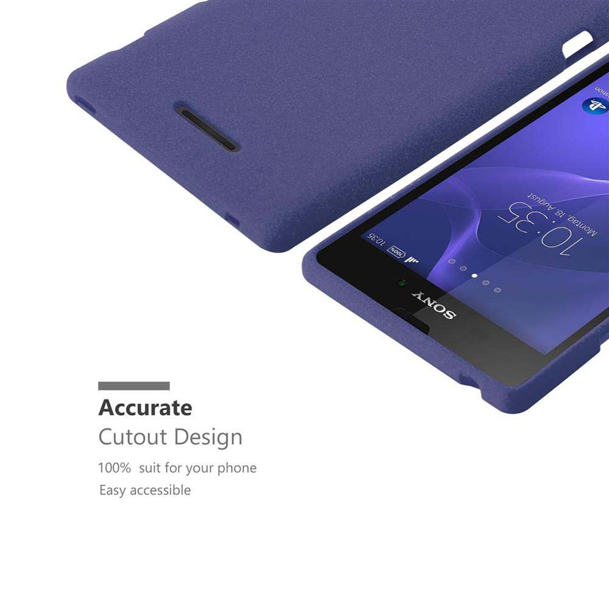 Teléfono y funda azules. Texto: Diseño de corte preciso, 100% adecuado, Fácil acceso.