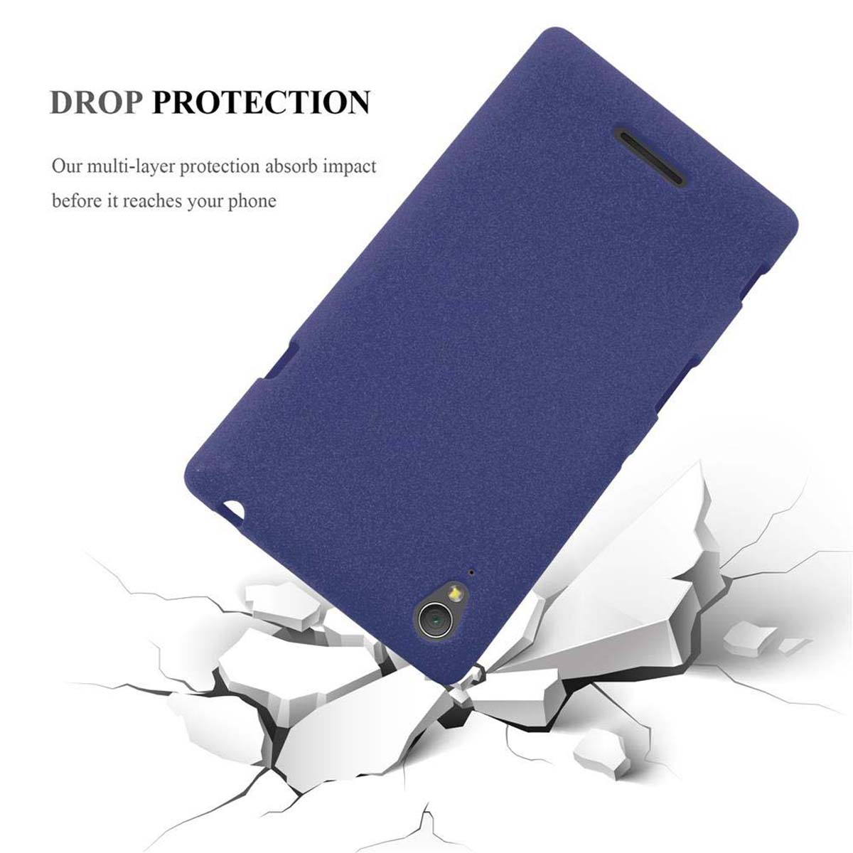 Una funda de teléfono azul con un efecto de suelo destrozado, con el texto 'DROP PROTECTION'.