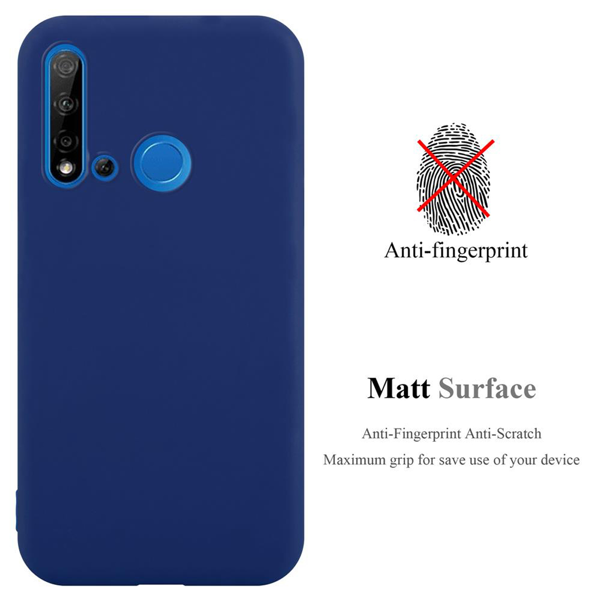 Custodia per telefono blu scuro con tre obiettivi della fotocamera e un simbolo di impronta digitale sbarrato.