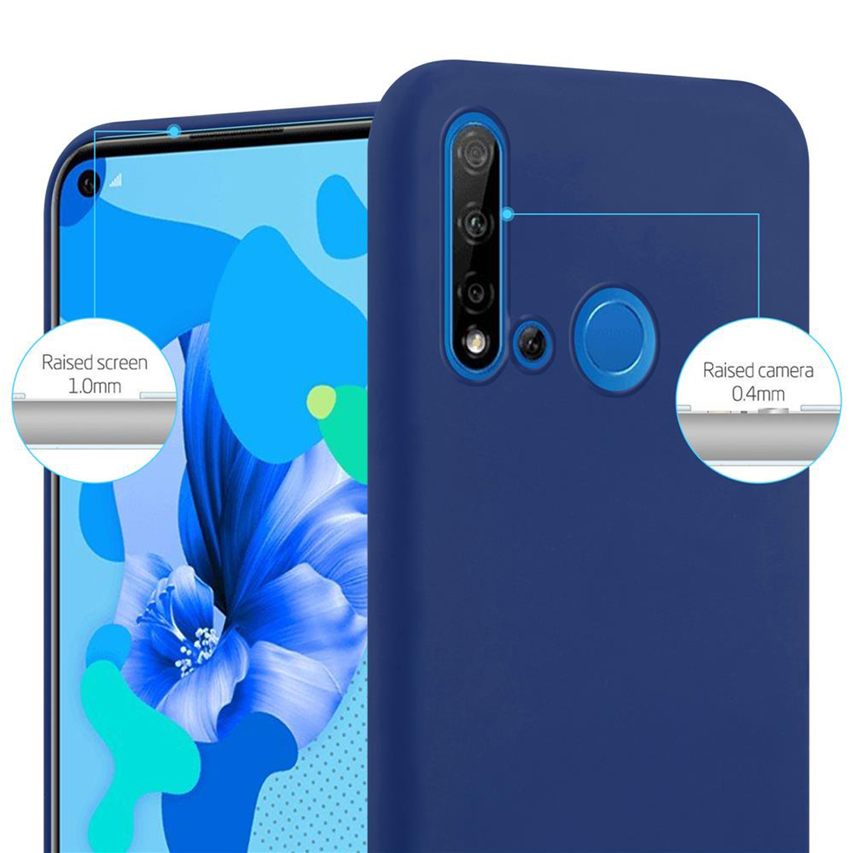 Una custodia blu per telefono con schermo e fotocamera rialzati. I dettagli sono evidenziati con diagrammi.
