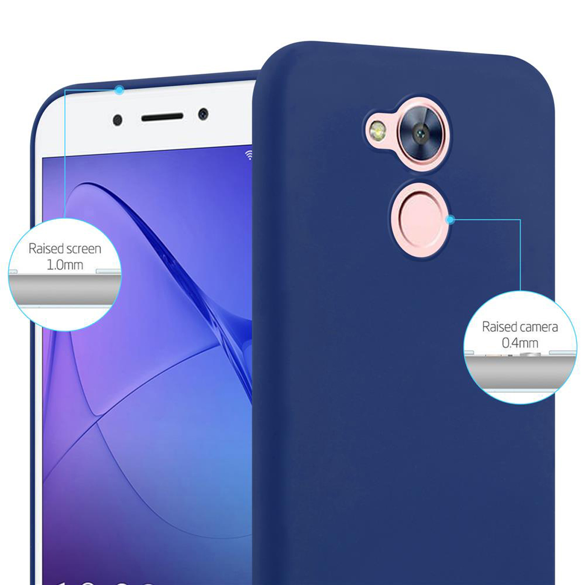 Custodia per telefono blu scuro con protezione rialzata per fotocamera e schermo, con etichette che evidenziano i dettagli.