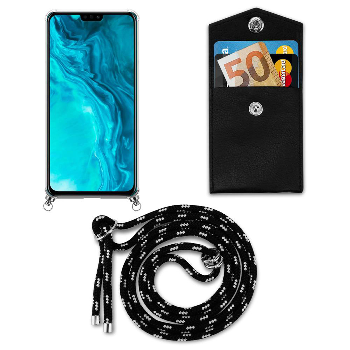 Un telefono, un portafoglio con carte e un cordino. Il telefono è in una custodia trasparente. Il portafoglio ha una banconota da 50 euro.