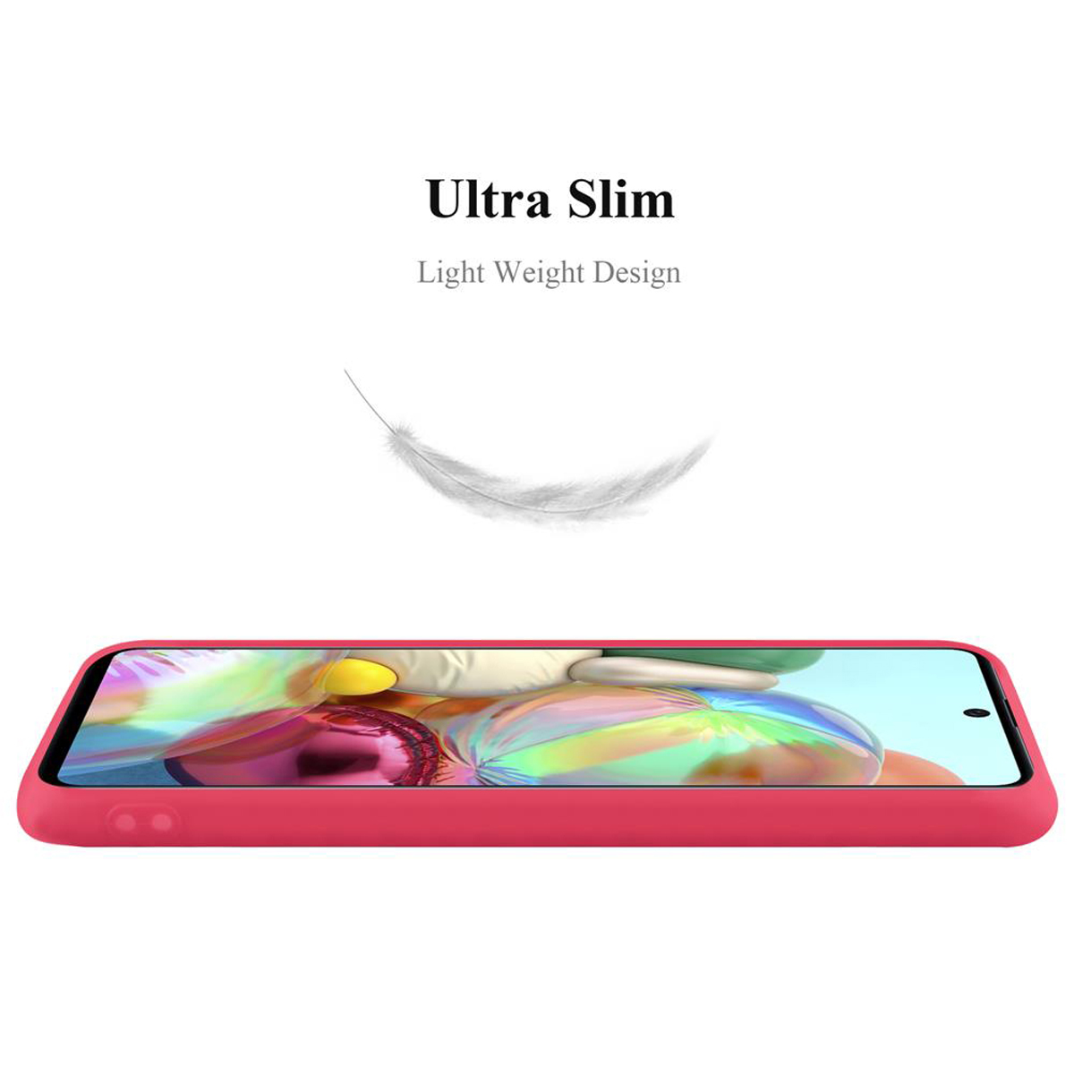 Eine rosa Handyhülle, mit einer Federillustration und dem Text 'Ultra Slim' vor weißem Hintergrund.