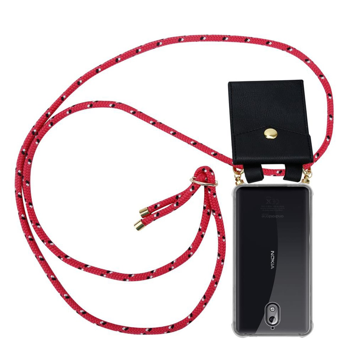 Handyhülle mit rot-schwarzem Seil. Schwarze Ledertasche. Das Telefon hat eine transparente Hülle und eine schwarze Rückseite.