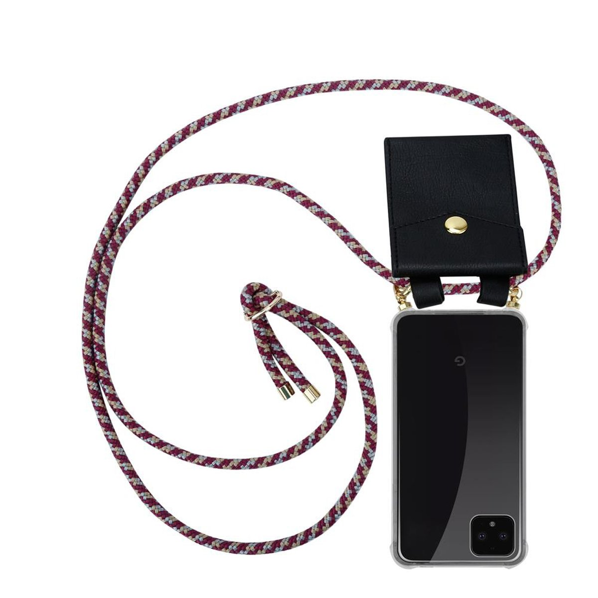 Ein Telefon mit schwarzem Gehäuse und einem Schlüsselband. Das Schlüsselband ist bordeauxrot und weiß mit einer schwarzen Tasche.