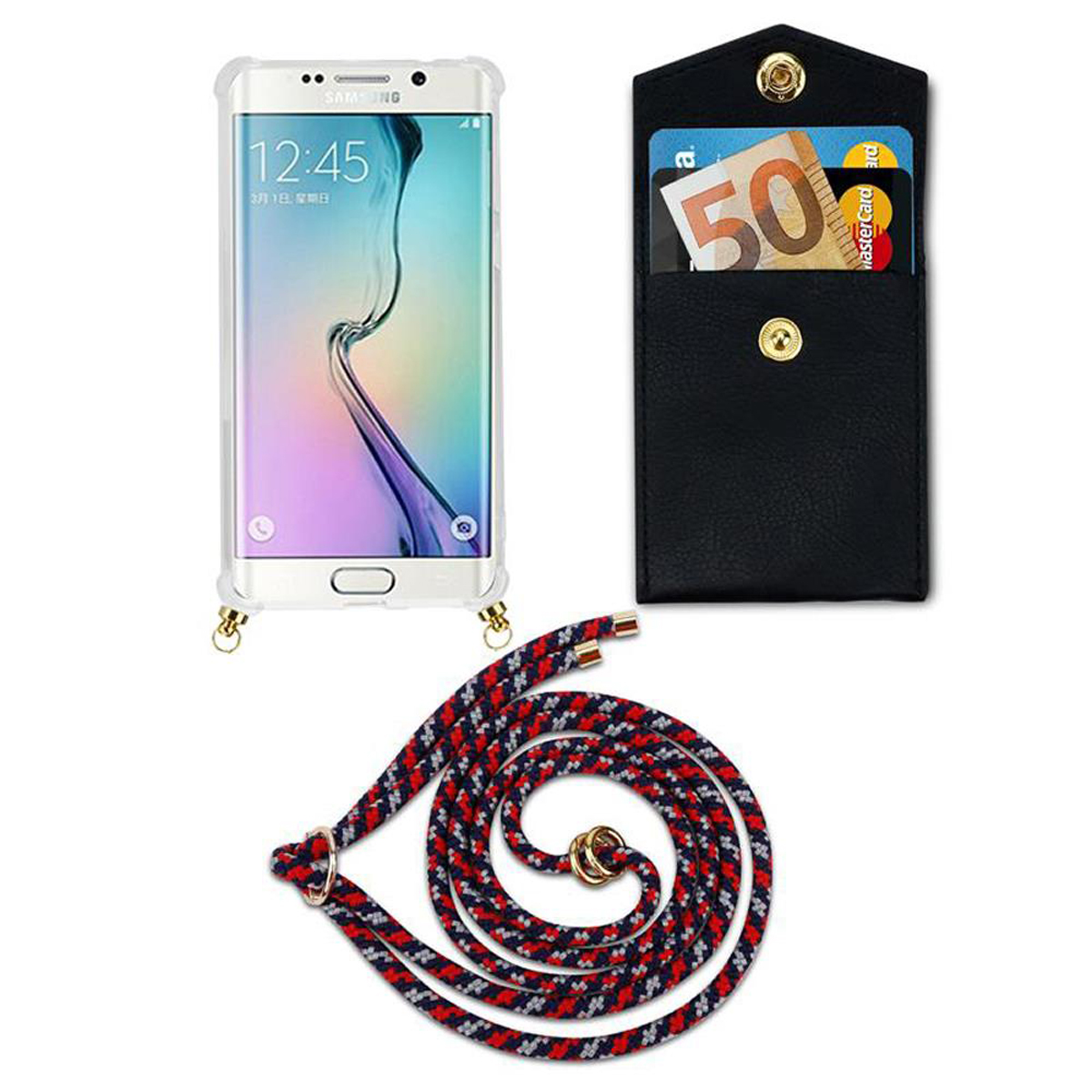 Un telefono con un cordino rosso e nero e una custodia nera con carte e una banconota da 50 euro all'interno.