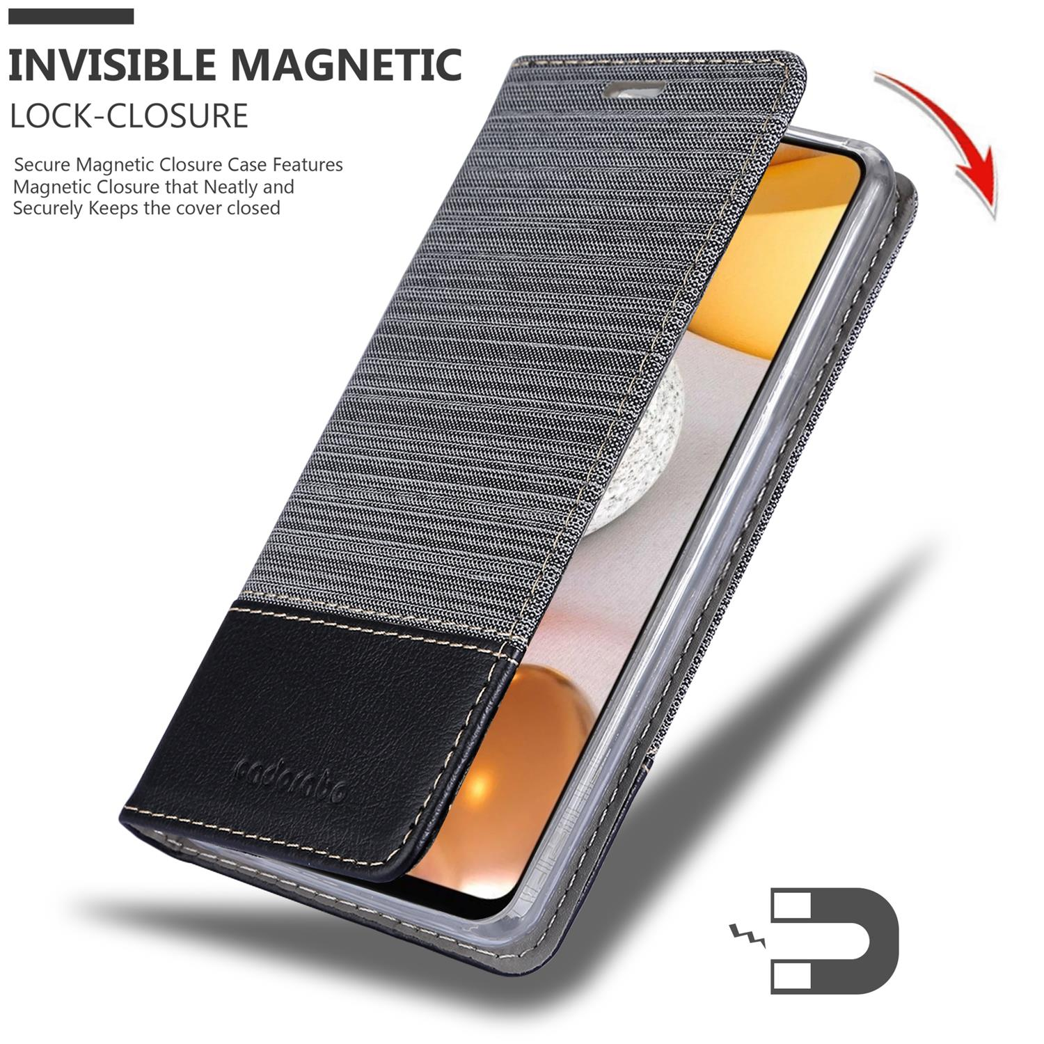 Custodia per telefono con design nero e grigio, aperta per rivelare il telefono con chiusura magnetica.