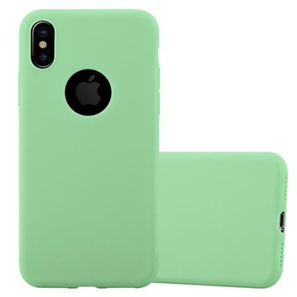 Zwei grüne Handyhüllen mit einem Apple-Logo. Die Hüllen liegen nebeneinander. Die Hüllen sind einfarbig.