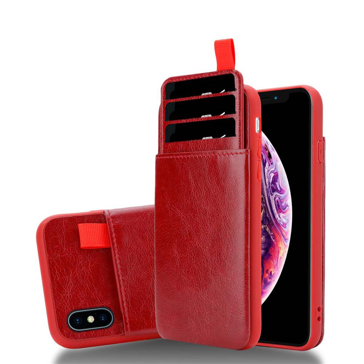 Custodia rossa per telefono con fessure per carte. Il telefono è rosso, con cinturino rosso.