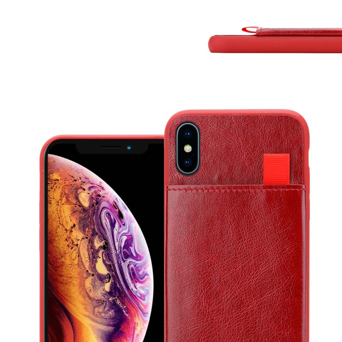 Custodia per telefono rossa e telefono. Il telefono è nella custodia. La custodia ha uno slot per schede. Sfondo bianco.