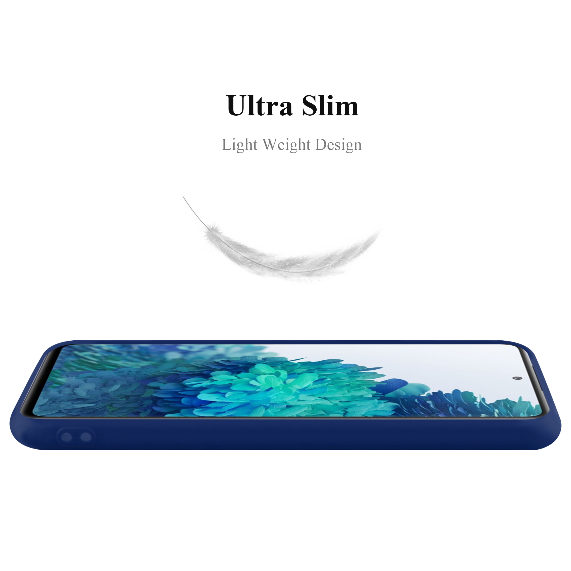 Custodia blu per telefono su sfondo bianco. Piuma e testo 'Ultra Slim, Light Weight Design' sono visibili.