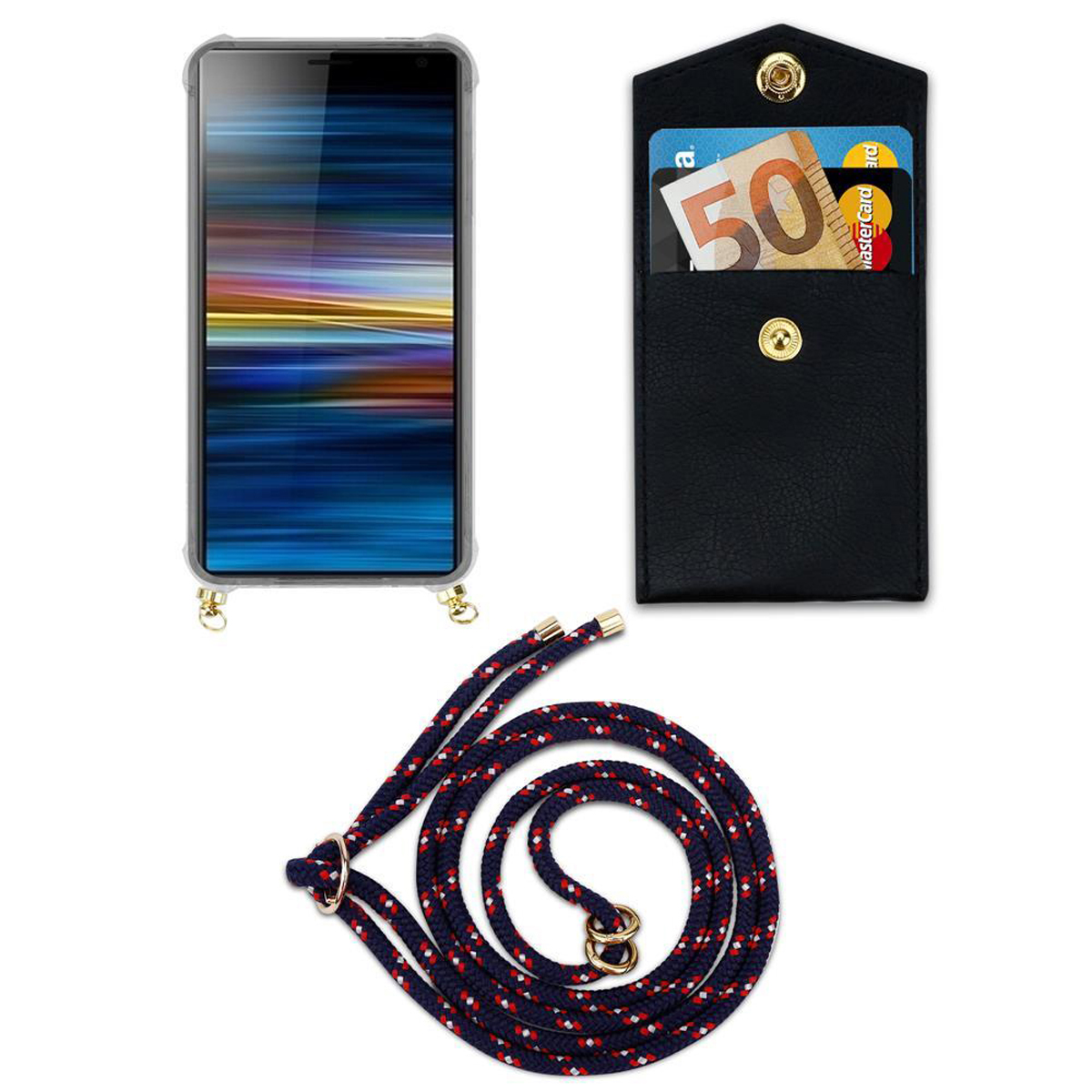 Telefon in Hülle, Geldbörse mit Karten und ein Schlüsselband mit rot-blauem Design, alles auf weißem Hintergrund.