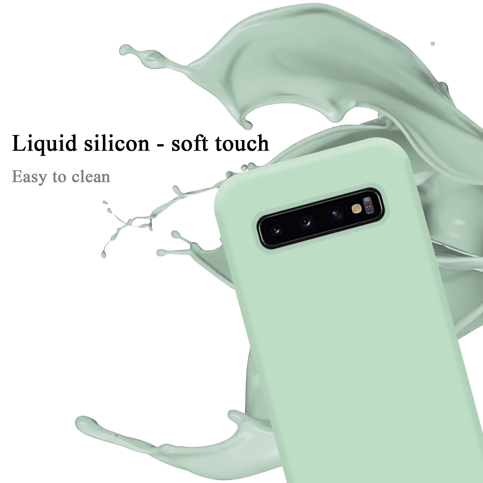 Hellgrüne Handyhülle mit Telefon. Ein Flüssigkeitsspritzer befindet sich hinter der Hülle. Das Telefon zeigt Kameras.
