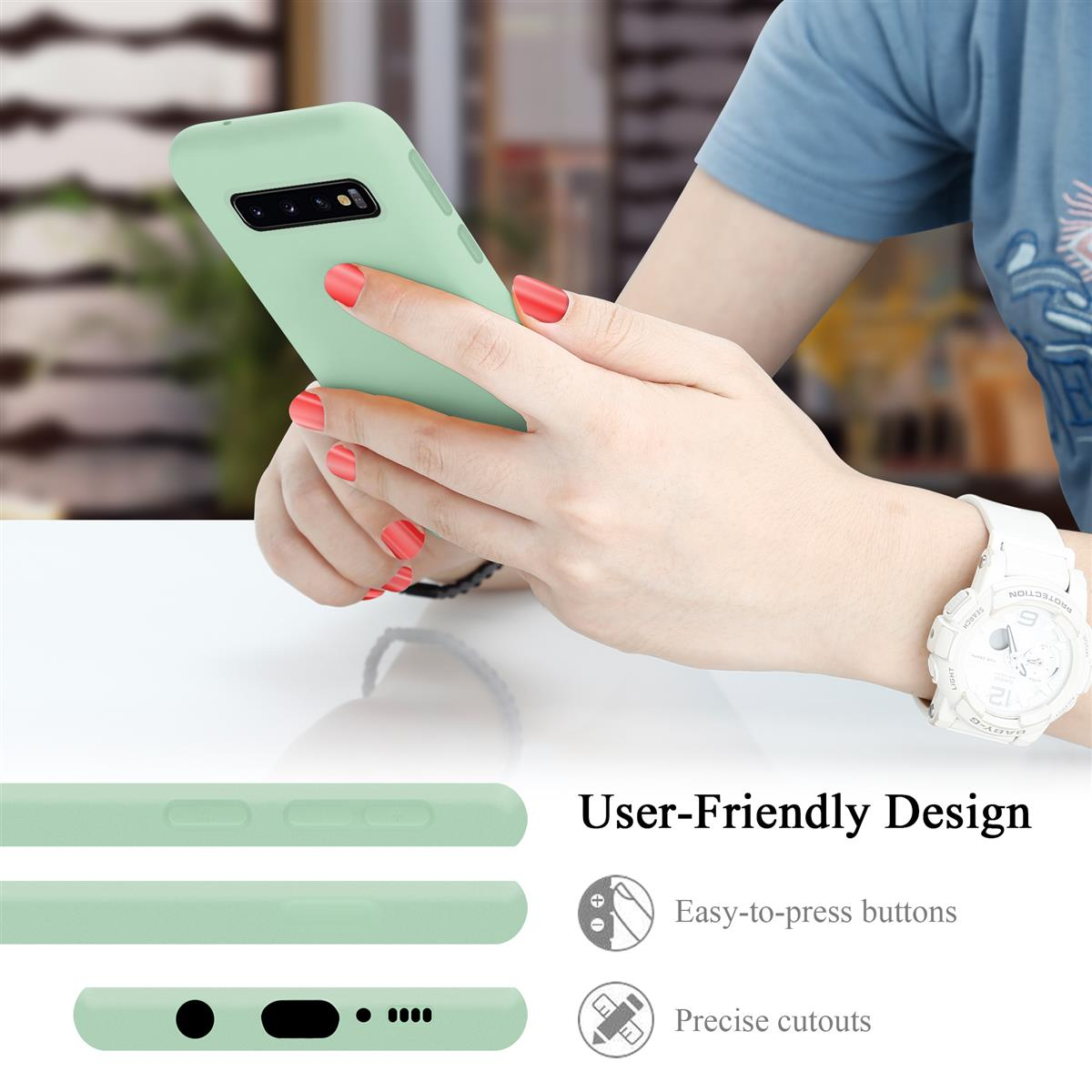 Eine Person, die ein hellgrünes Telefon hält. Die Handyhülle hat ein benutzerfreundliches Design mit leicht zu drückenden Tasten.