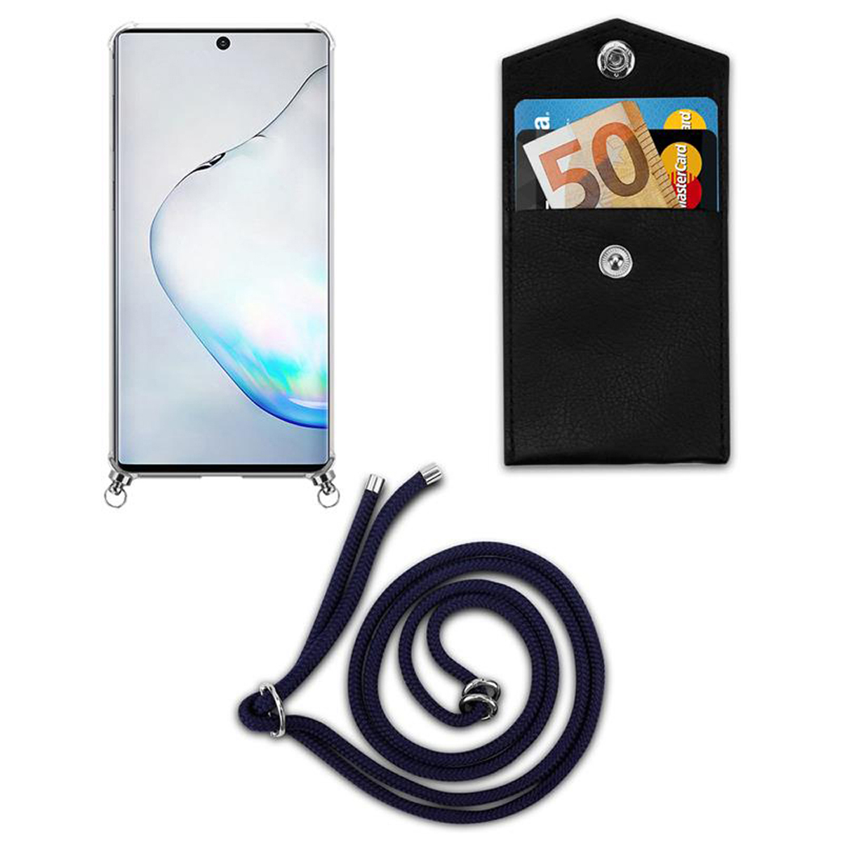 Smartphone con custodia trasparente e cordino blu scuro, un portafoglio nero con carte. Il portafoglio è a destra.