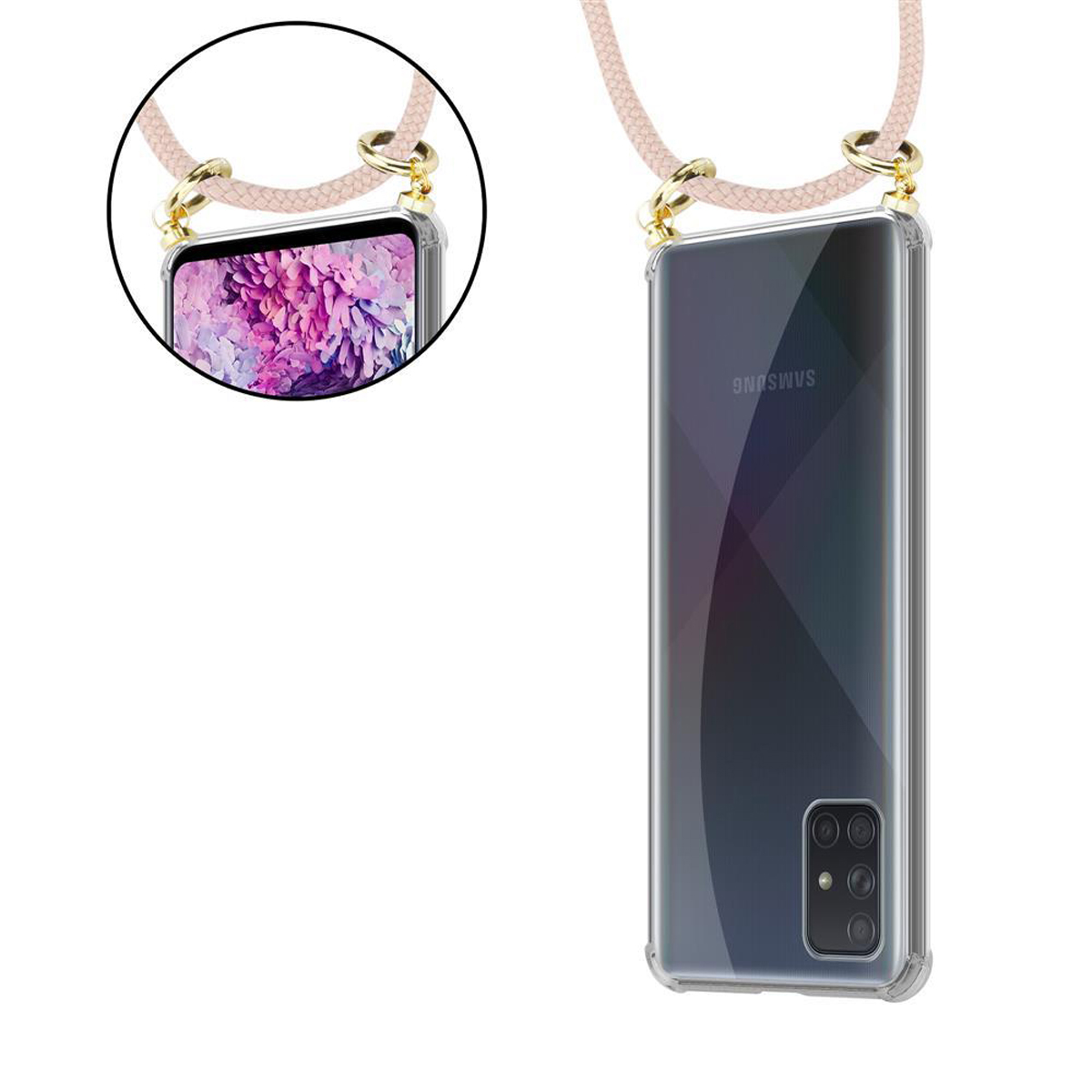Custodia per telefono con corda. Il telefono è nero, la custodia è trasparente. La corda è rosa.
