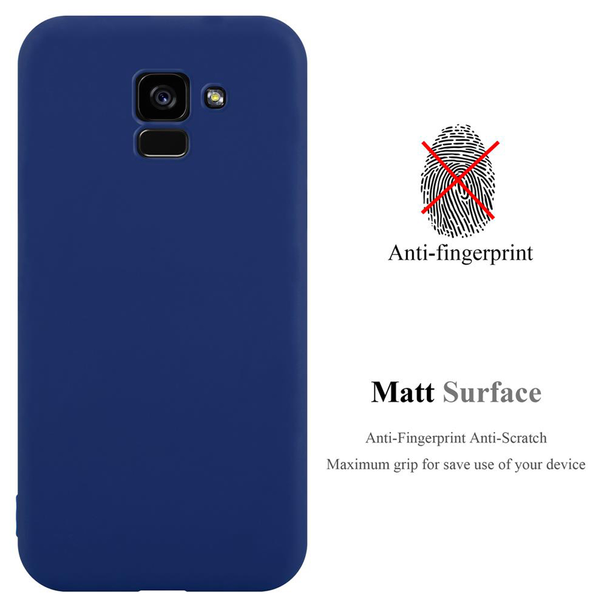 Una custodia blu per telefono con la scritta "Anti-impronta" e un'icona di impronta digitale. La superficie è opaca.