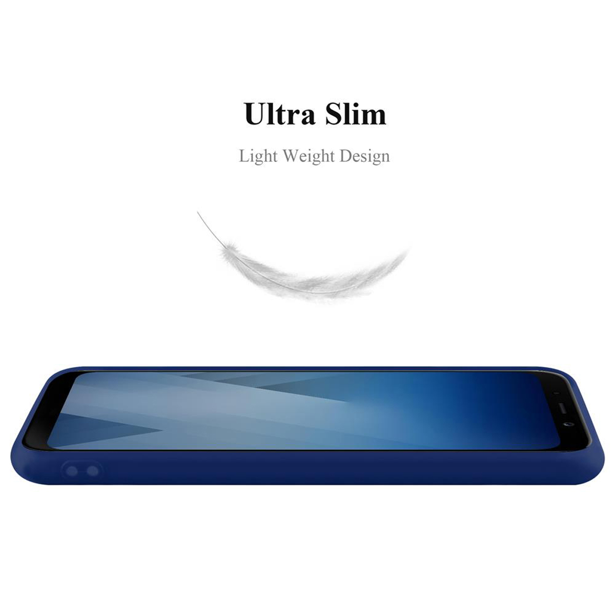 Una custodia per telefono blu navy è posizionata orizzontalmente, con testo sopra e una piuma fluttuante.