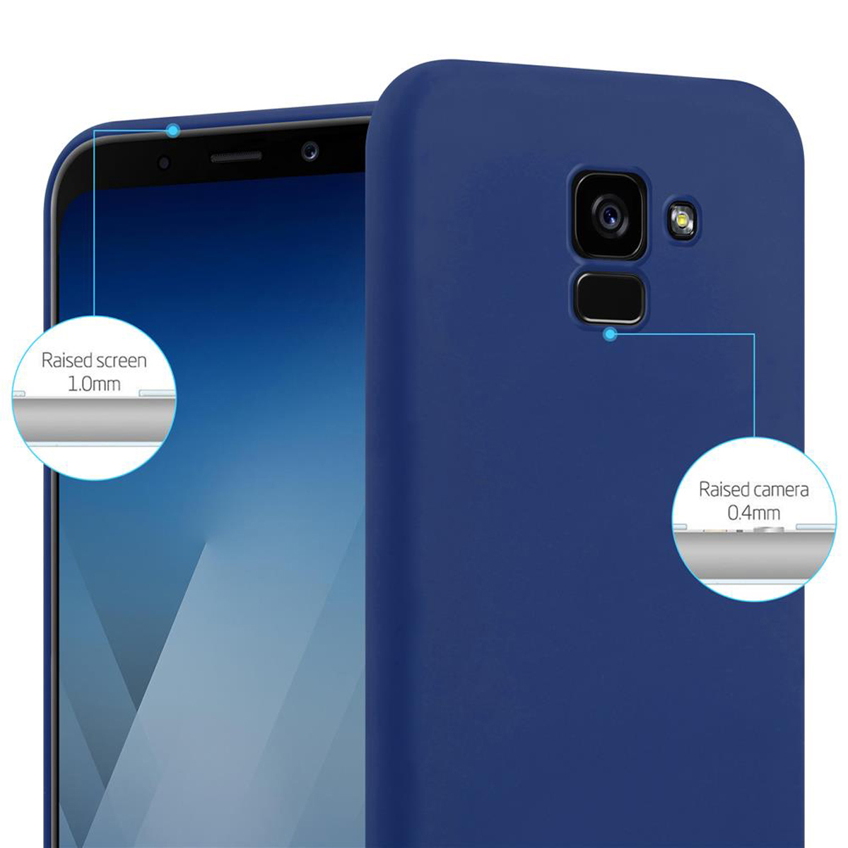 Custodia blu con telefono all'interno. Dettagli di protezione schermo e fotocamera rialzati.