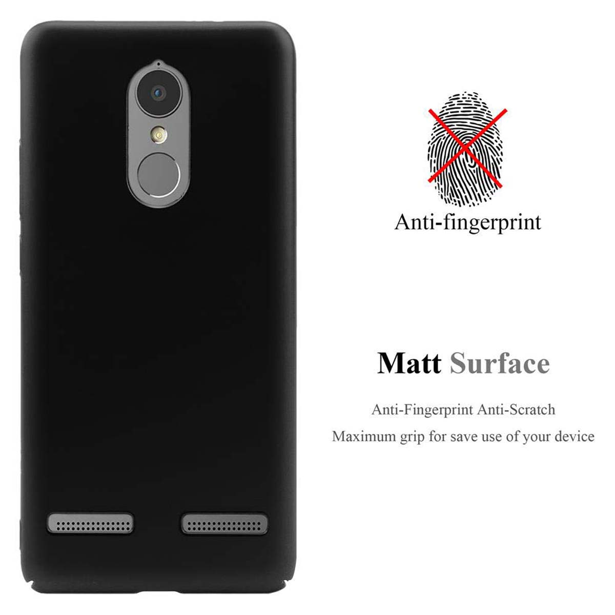 Schwarze Handyhülle, Anti-Fingerabdruck, matte Oberfläche, kratzfest. Text: Matt Surface.