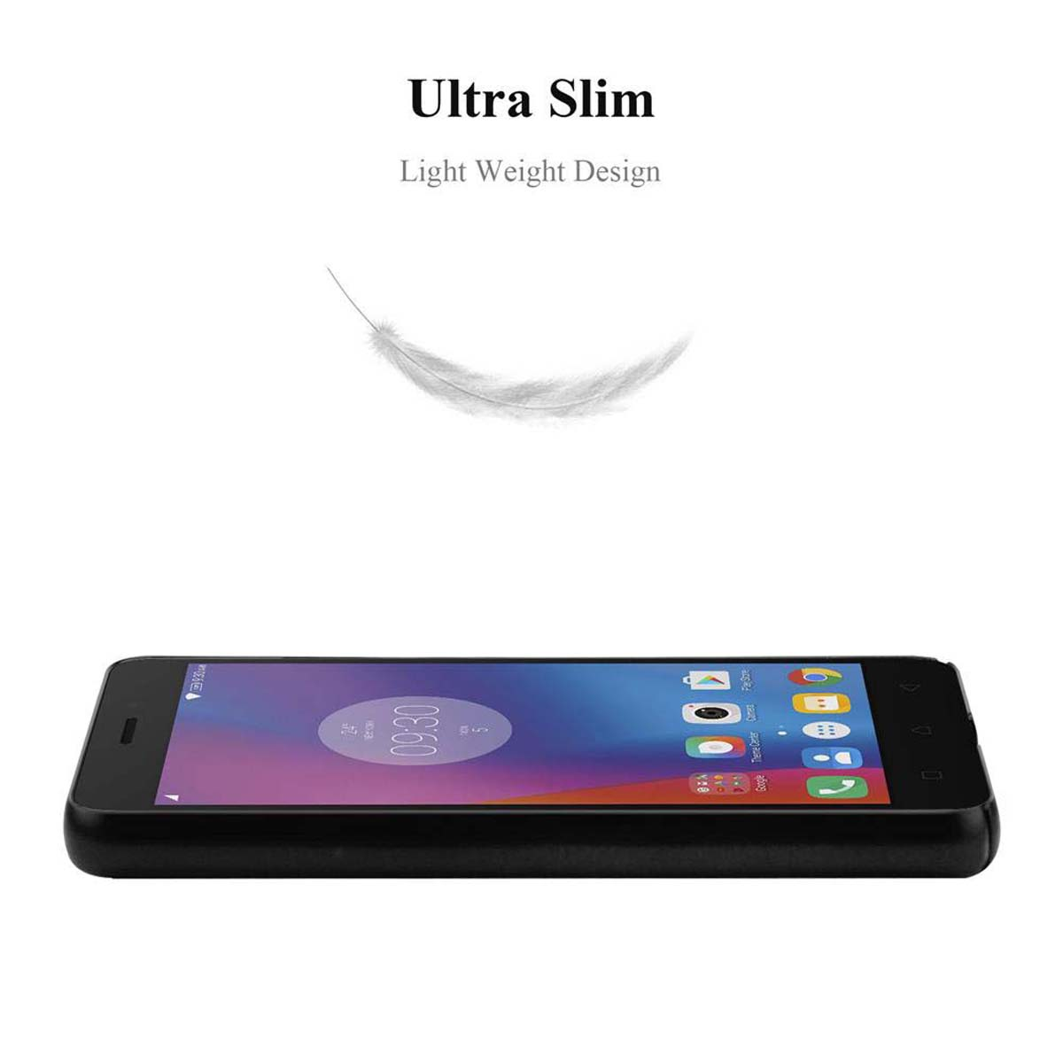 Ein schwarzes Telefon mit der Uhrzeit auf dem Bildschirm und einer weißen Federgrafik darüber.