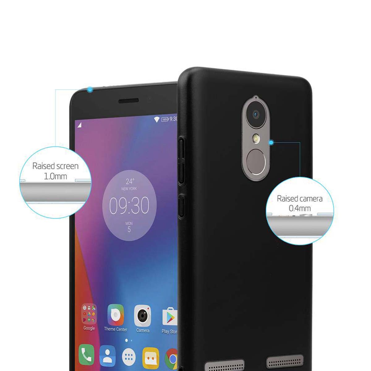 Zwei schwarze Telefone, eines mit der Uhrzeit auf dem Bildschirm, das andere mit erhabener Kamera.