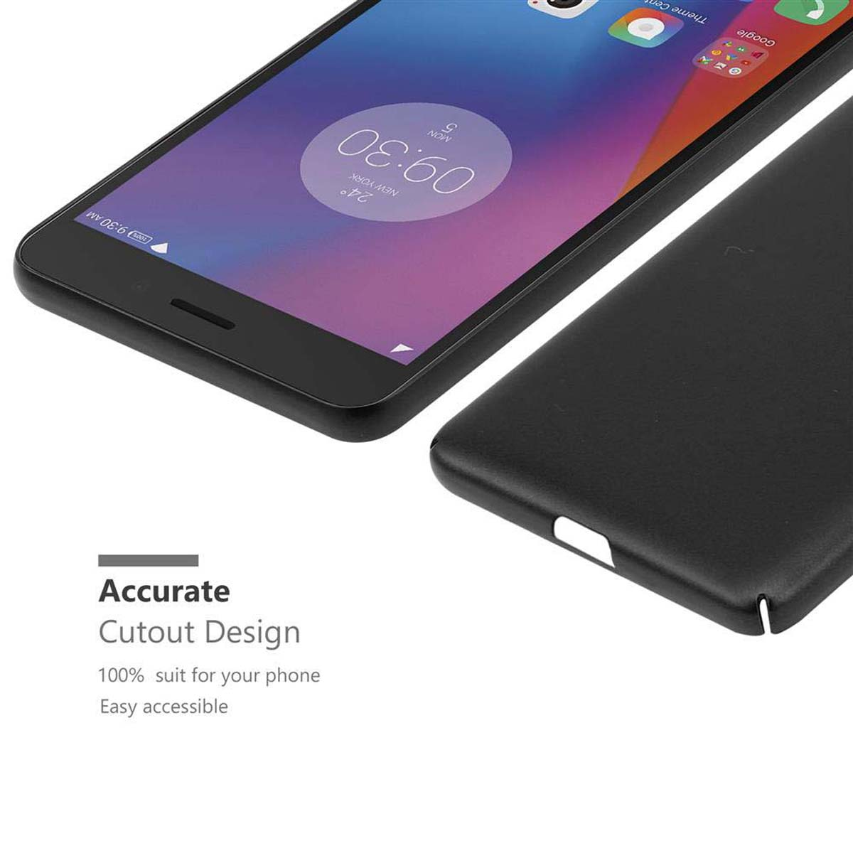 Schwarzes Telefon mit Text und Ausschnitt. Schwarzer Hintergrund.
