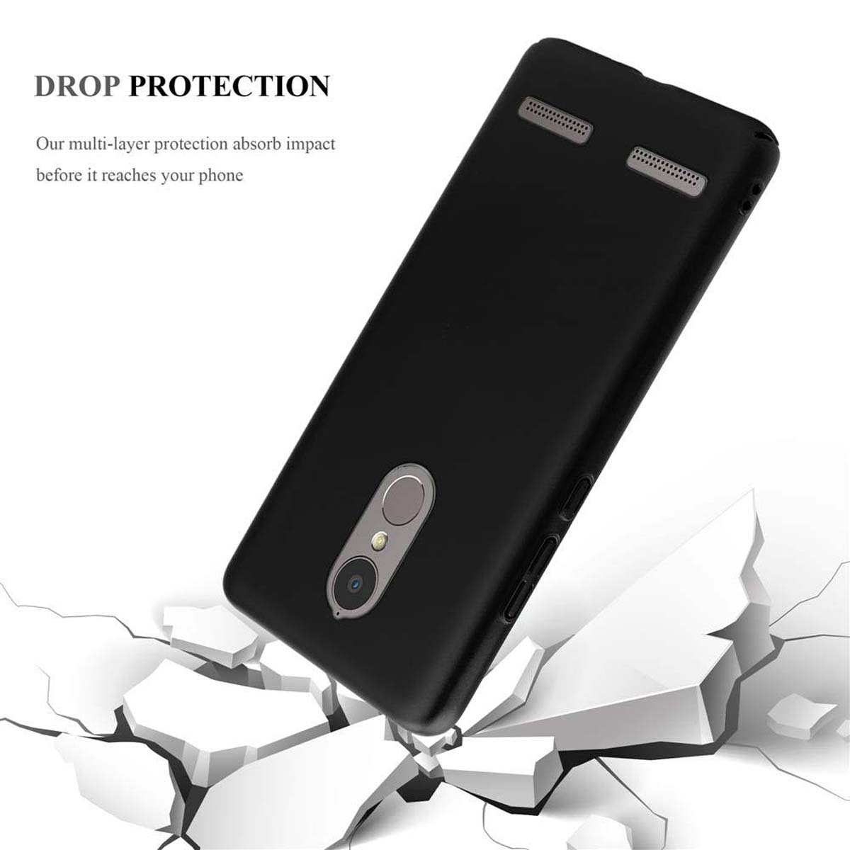 Eine schwarze Handyhülle mit einem Telefon darin, die durch eine weiße, zerbrochene Oberfläche bricht, Sturzschutz.