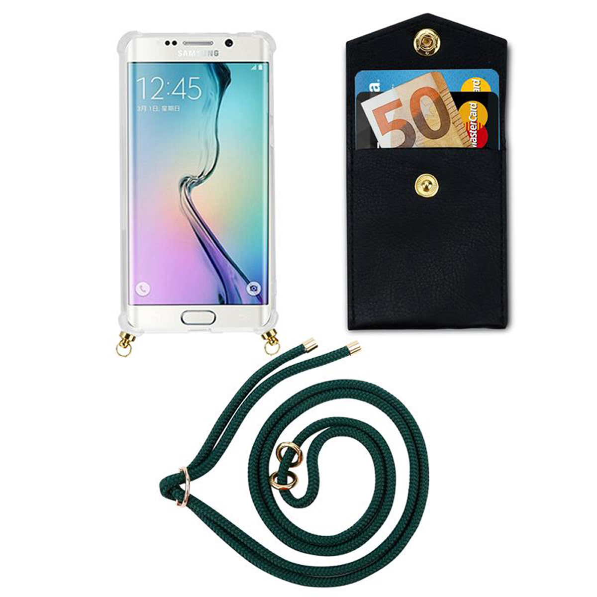 Telefono Samsung bianco con custodia nera e cordino verde con dettagli dorati.