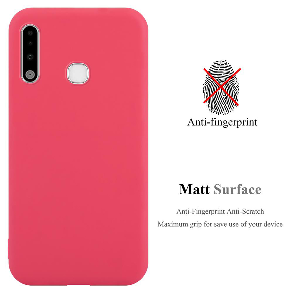 Custodia rossa per telefono. Caratteristiche anti-impronta e superficie opaca. Testo e icona impronta digitale visibili.