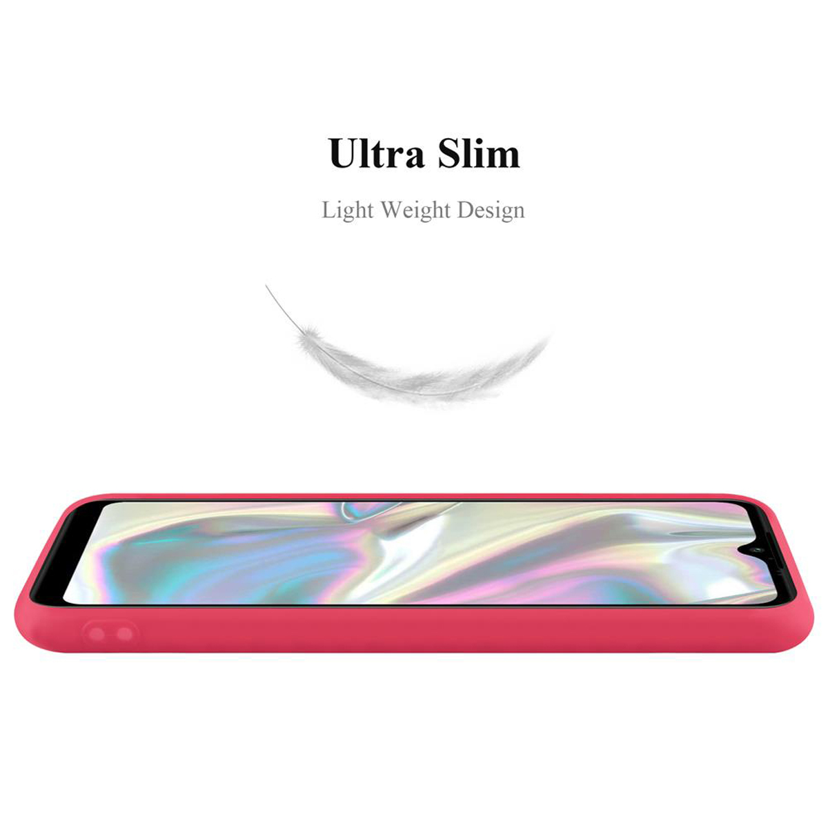 Custodia rossa per telefono, vista laterale. Testo: Ultra Slim, Design leggero. Piuma bianca sopra.