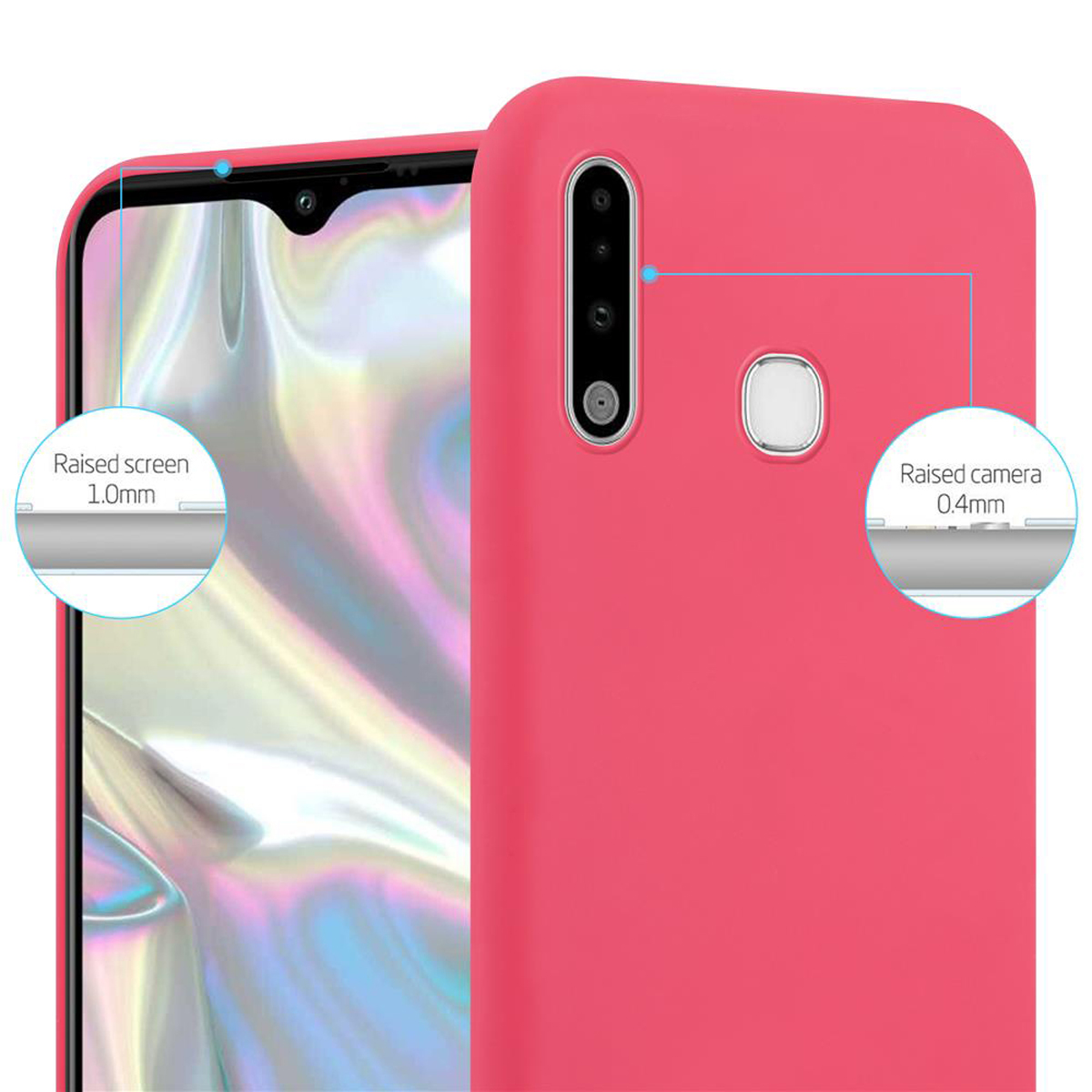 Custodia per telefono rosa con aree rialzate per schermo e fotocamera. Le etichette indicano i bordi rialzati.