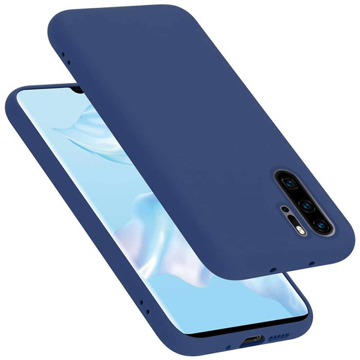 Eine dunkelblaue Handyhülle mit einem Handy darin. Das Handy zeigt den Bildschirm. Die Hülle ist offen.