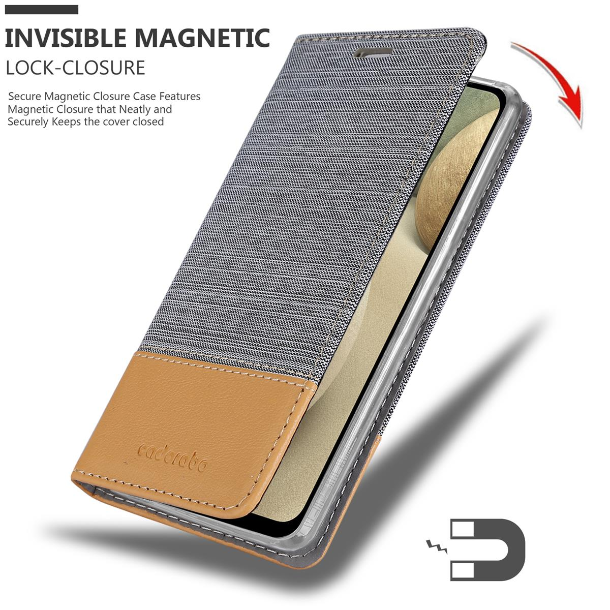 Custodia per telefono con chiusura magnetica, design marrone e grigio, aperta per rivelare il telefono.