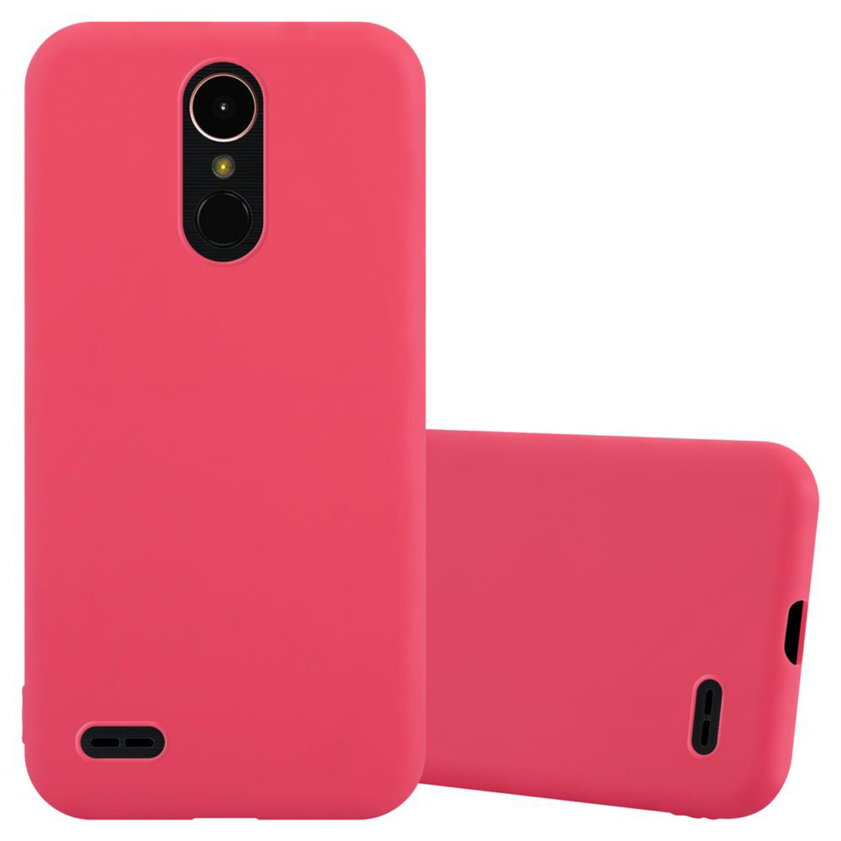 Custodia per telefono rossa con un telefono all'interno. Custodia e telefono sono rossi.