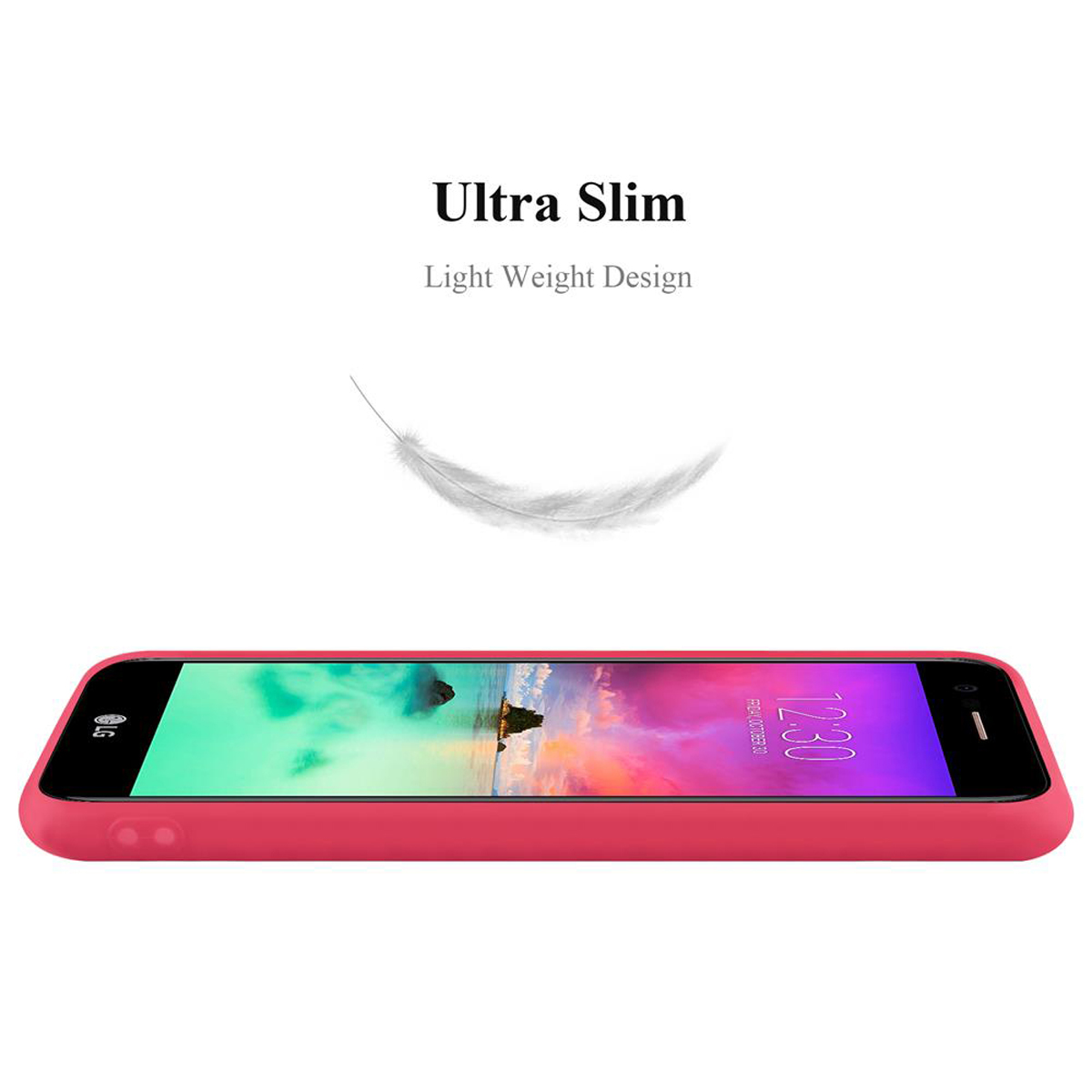 Custodia per telefono rosa vista di lato, con una piuma sopra e le parole Ultra Slim.